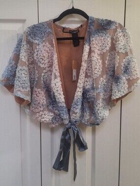Steve Madden Blue and Cream Sheer Floral Tie-Front Crop Cardigan